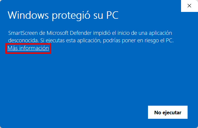 Aviso de SmartScreen con el enlace Más información señalado